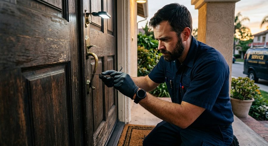 Our locksmith opening a residential door lock during an emergency lockout in California