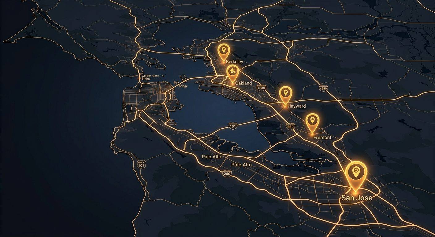 Map of San Francisco Bay Area showing locksmith coverage across multiple cities