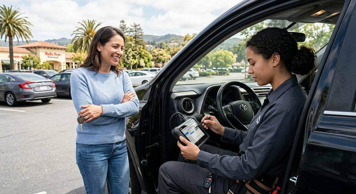 Our auto locksmith programming a car key fob in a Bay Area parking lot