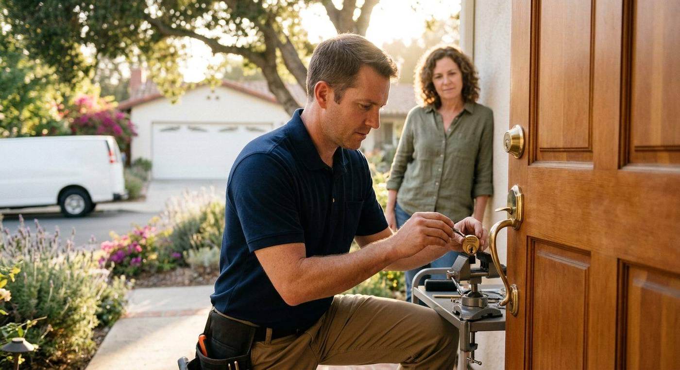 Our locksmith rekeying a residential door lock at a Bay Area home