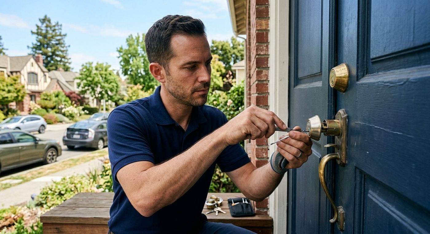 Professional locksmith technician working on a residential door lock at a Bay Area home