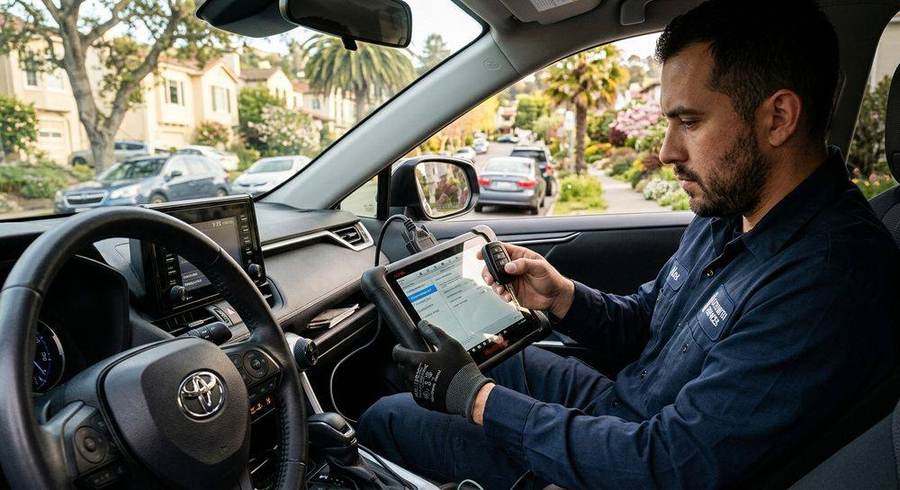 Bay Area auto locksmith using a key programming device connected to a car in a parking lot