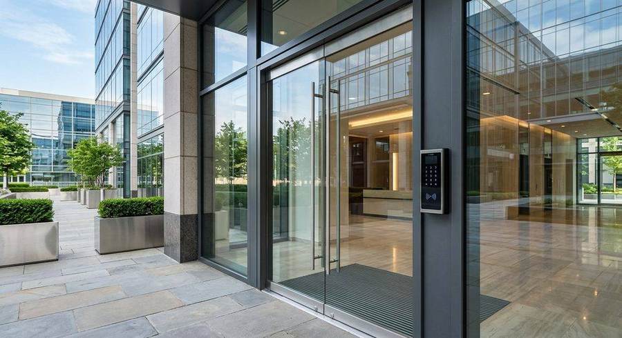 Our commercial locksmith installing an access control keypad at an office building