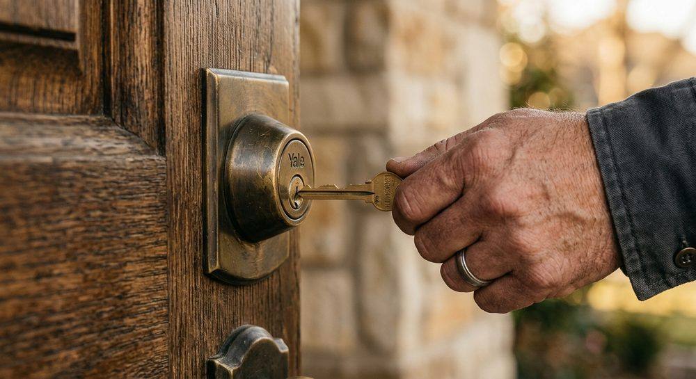 Our locksmith technician working a deadbolt at a Bay Area residential property